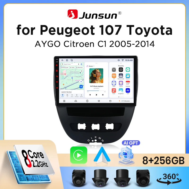 Autoradio sans fil Junsun CarPlay Android Auto pour Peugeot 107 / Toyota Aygo / Citroen C1 (Mk1) 2005-2014 avec ventilateur de refroidissement intégré, navigation GPS Android, lecteur multimédia,