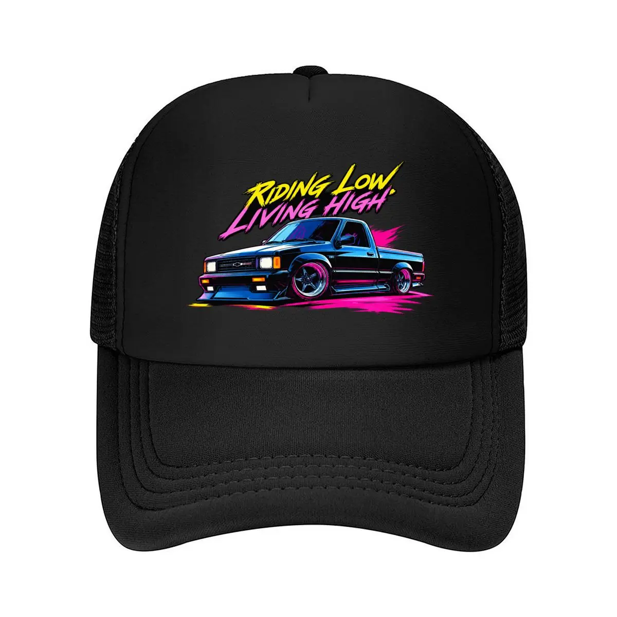 Riding Low Living High Lowrider Pickup Truck Graphic Mesh Baseball Cap Hip Hop