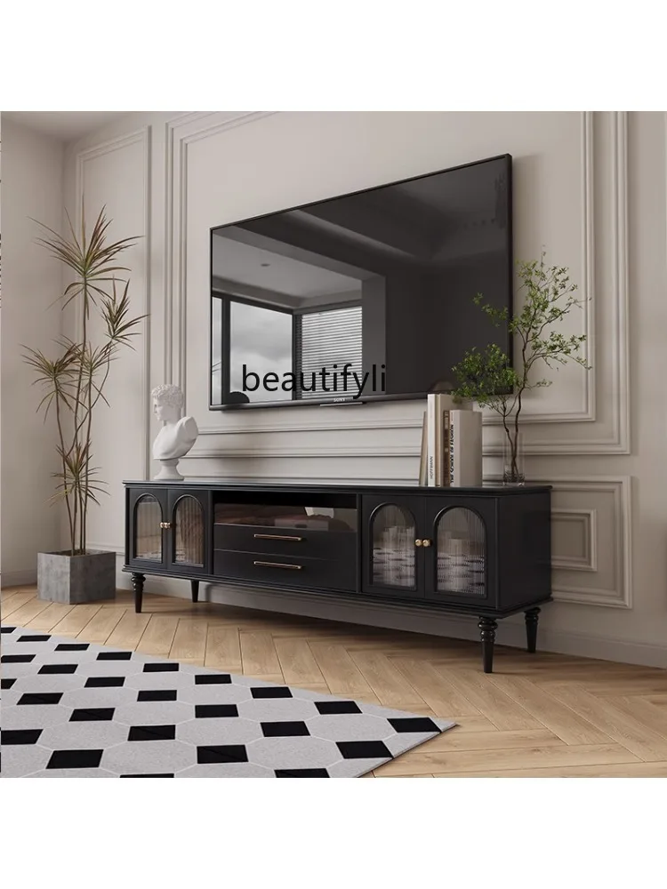 French Retro TV Cabinet Small Apartment Solid Wood Modern  Audiovisual Cabinet Black Complete Floor Cabinet Sitting Room Cabinet