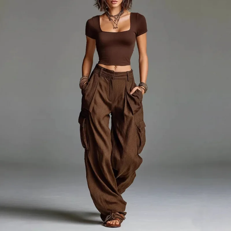 

Loose Women's Work Pants Street Style Casual Multi-Pocket Wide Leg Pants Vintage Workwear Loose Fit Trousers for Women