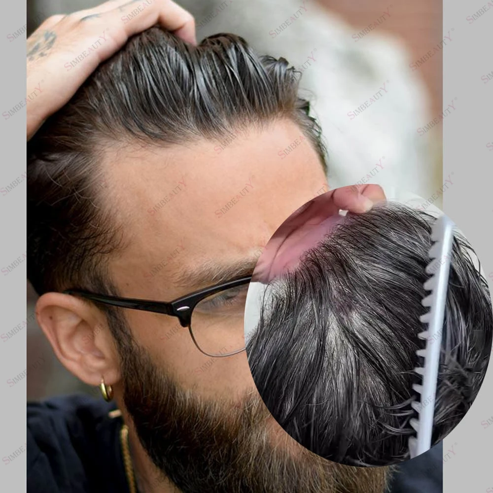 

90%Density 0.02mm Super Thin Skin Base Human Hair Toupee for Bald Male Natural Hairline Light Dense 1B30 1B80 350# Grey Hair Wig