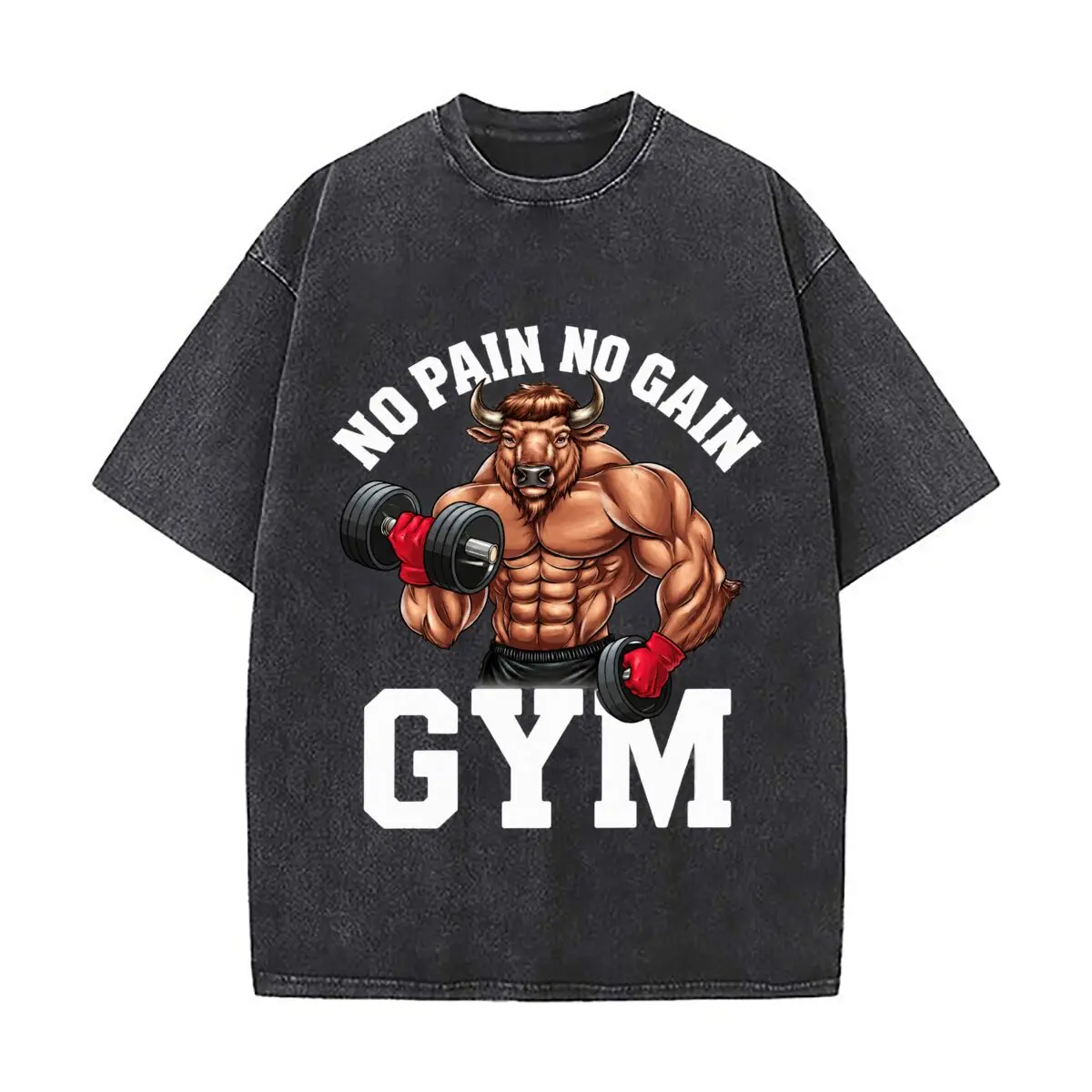 Muscular Buffalo Lifting Dumbbells Pain Gain Fitness Graphic Distressed Faded Baggy Streetwear Tops for Park Hangouts