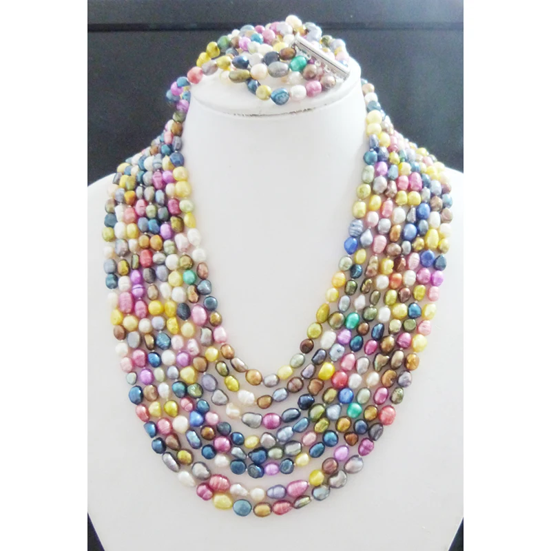 5-6MM 8 layer colorful 100% freshwater pearl necklace / bracelet  set