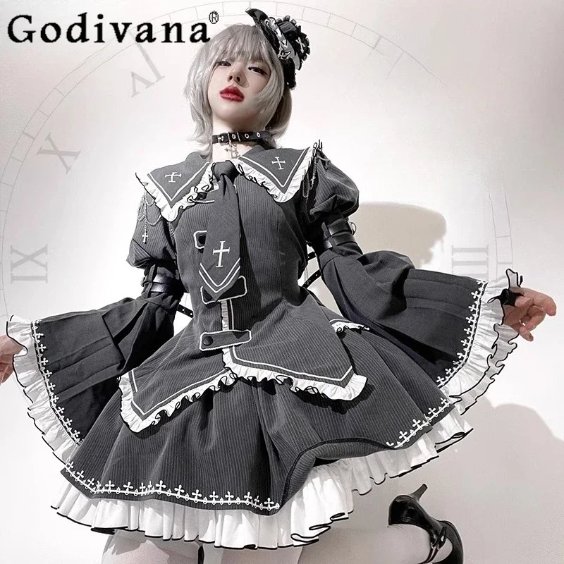 

Original Cos Dress Set Goth Women's Y2K Subculture Ruffled Flare Sleeve Sailor Collar Shirt Top Tutu Skirt 2 Piece Set Outfits