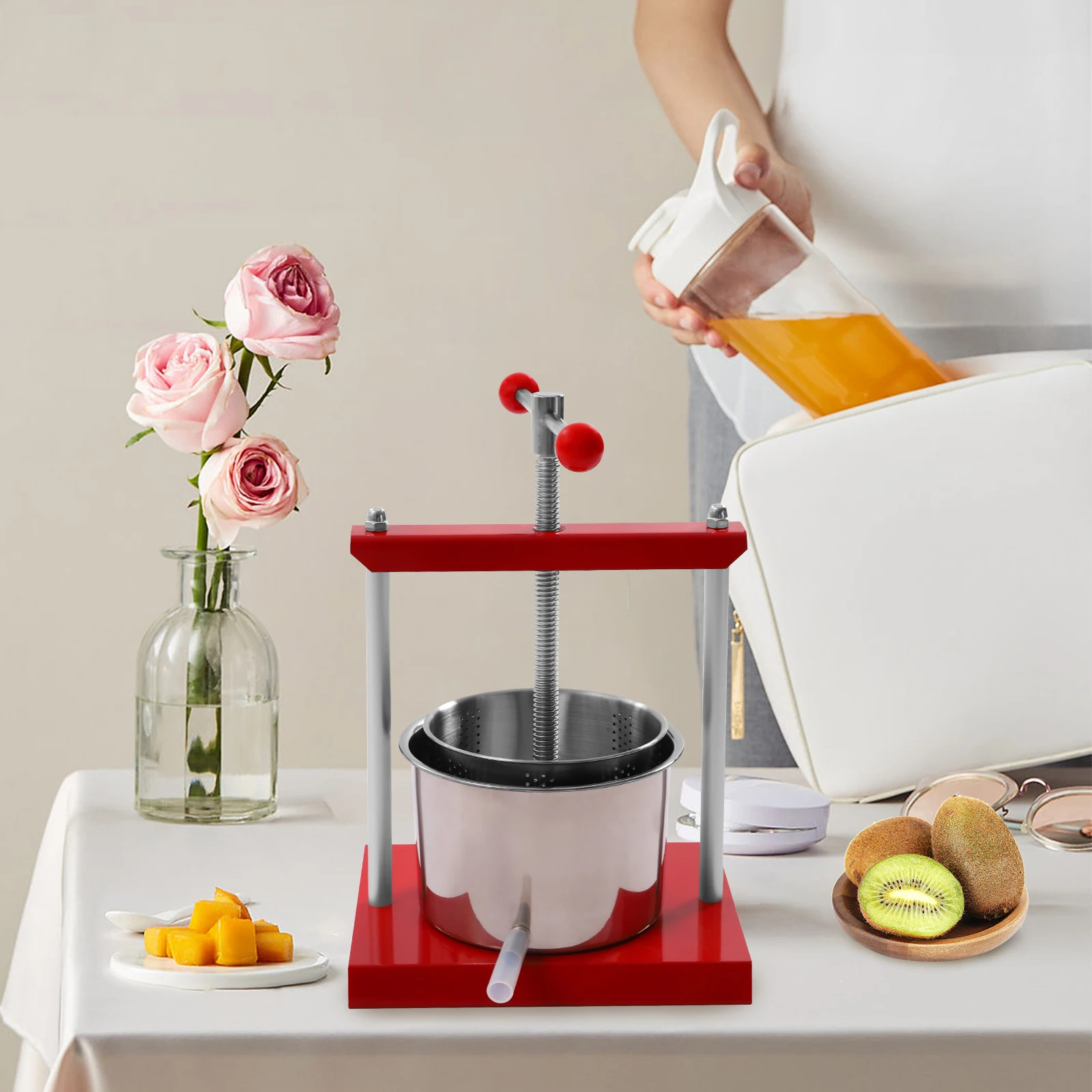 عصارة يدوية، عصارة فواكه يدوية من الفولاذ المقاوم للصدأ سعة 3 لتر مع كيس مصفاة ومقبض على شكل حرف T، لعشبة صبغ الجبن والخضراوات والليمون #4