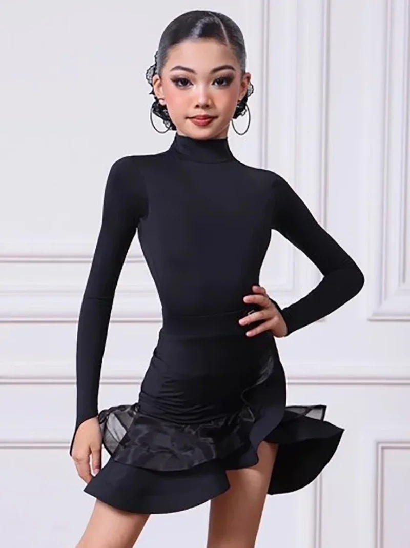 Kids Girls Latin Dance Uniform Long Sleeve Mesh Backless Competition Dress Cha-cha Samba Rumba Suit Ballroom Dancewear Costumes