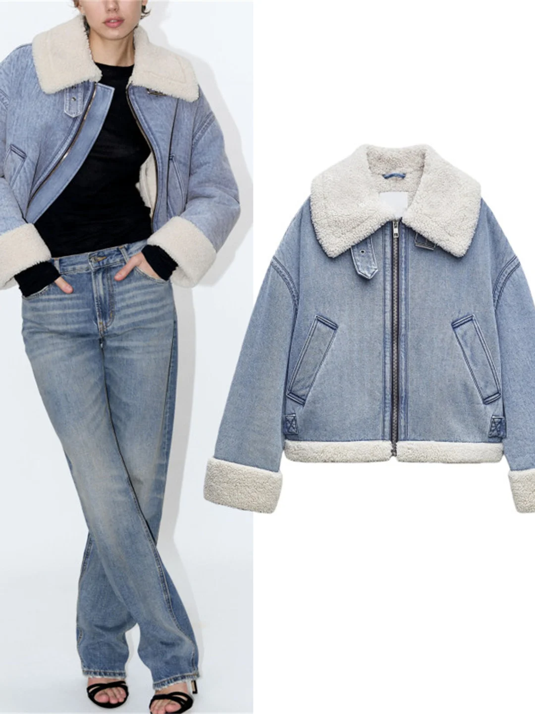 

Women's Fce Lined Biker Cotton Jaet Denim Warmth Winter Coat Straight Cut Long Sve Zipper Closure Color