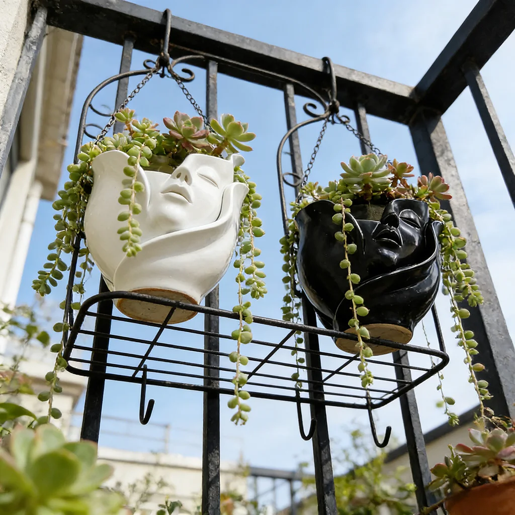 

Abstract Face Succulent Planter Set - White & Black Resin Flower Pots with Drainage Hole for Modern Indoor/Outdoor Home Decor
