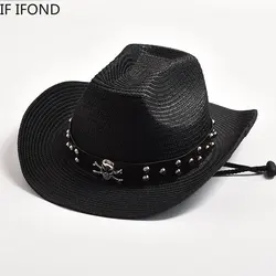 Fashion Skull Decor Western Cowboy Hat Natural Paper Straw Hat For Men Summer Beach Sun Hat Curling Brim Lifeguard Hats