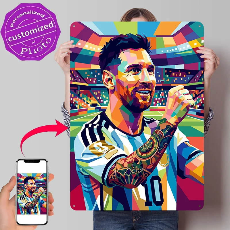 Lionel Messi Pop Art Portrait 3D Texture Printed Poster Custom Vintage Metal Tin Plate Sign for Wall Art Decor Luxury Wand Deko