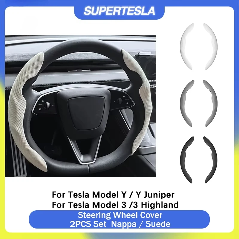 2PCS Set Steering Wheel Cover Nappa for Tesla Model Y Juniper Model 3 Highland Non Slip Grip Handle Protector Car Decor