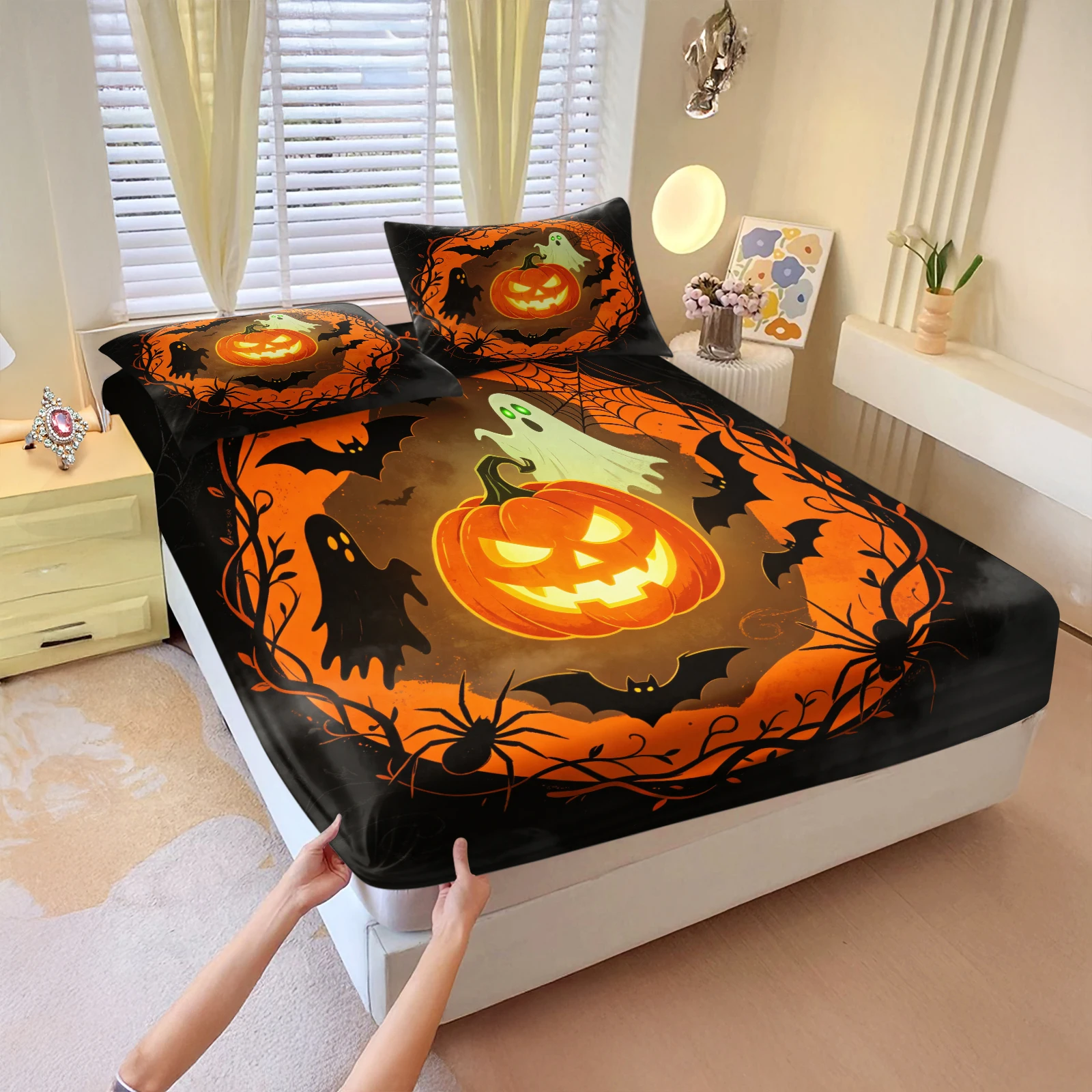 Fitted Sheet Deep - Set Sprei Halloween Motif Hantu, Jack-O'-Lantern,