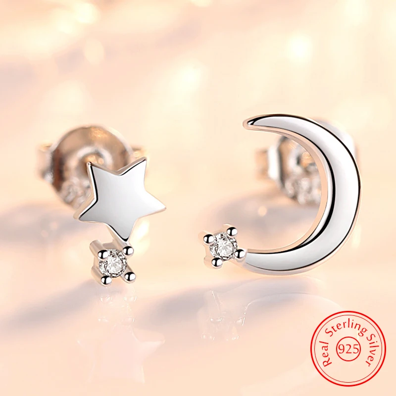 

Real 925 Sterling Silver Jewelry Fashion High-qaulity Crystal Asymmetrical Moon Star Stud Earrings For Woman New XY0242