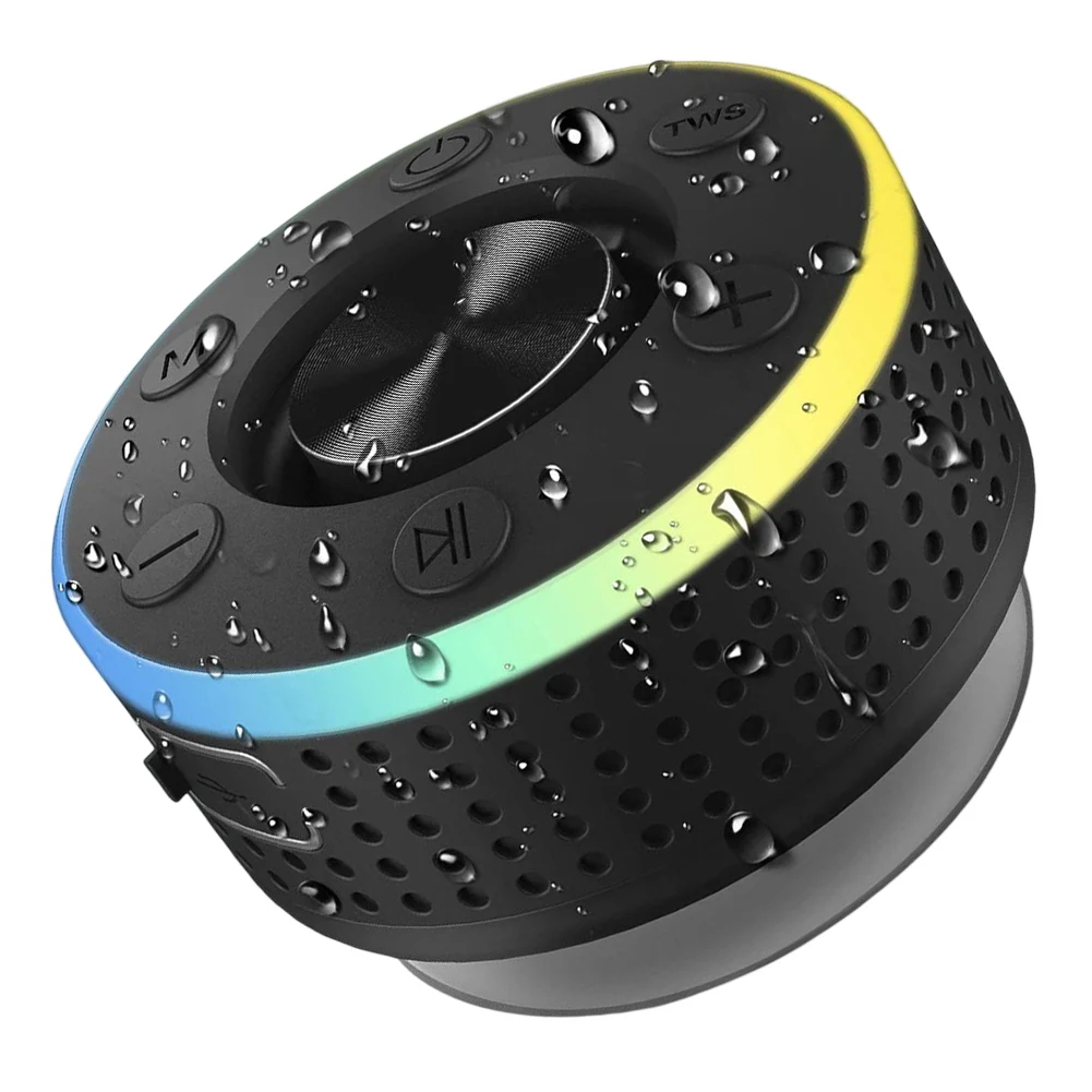 Wet Condition Ready Shower Speaker Featuring a Sturdy Suction Cup Mounting System and Beautiful LED Lighting Effects