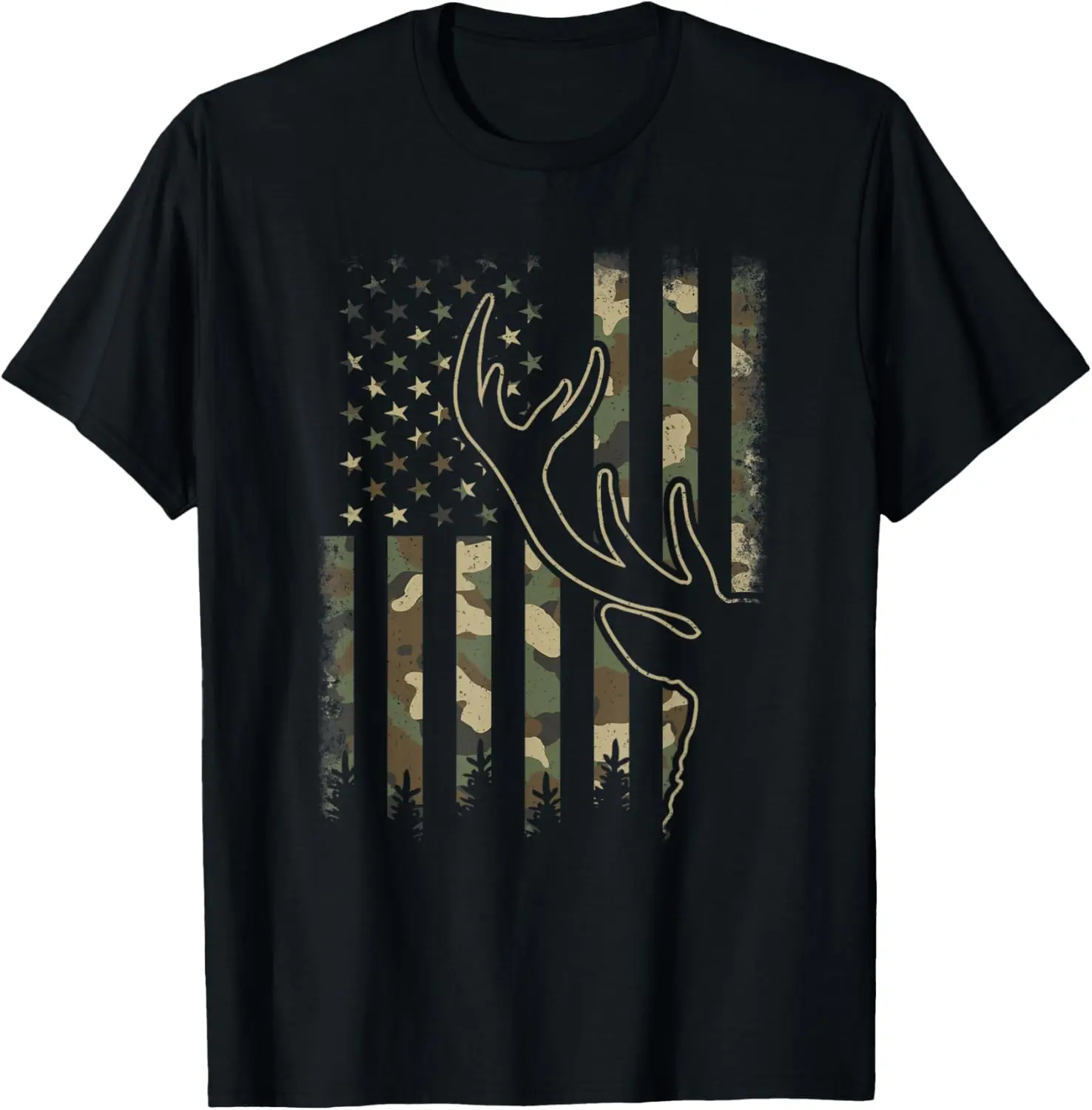 Camo US Flag Elk Buck Camouflage Deer Hunting Hunter Men T-Shirt 100% Cotton Trendy Y2K Short-Sleeve Tee-Soft, Quick-Drying,