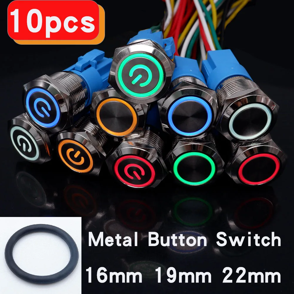 

10pcs Metal Push Button Switch 12v Waterproof LED Light Latching Momentary 16mm 19mm 22mm with Connector Silver Flat Head 5v 220