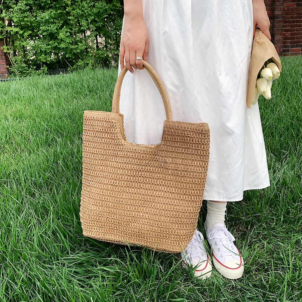 Women Straw Woven Shoulder Bag Solid Color Shoulder Summer Woven Pouch for Women Handmade Traveling Handbags Underarm Bags