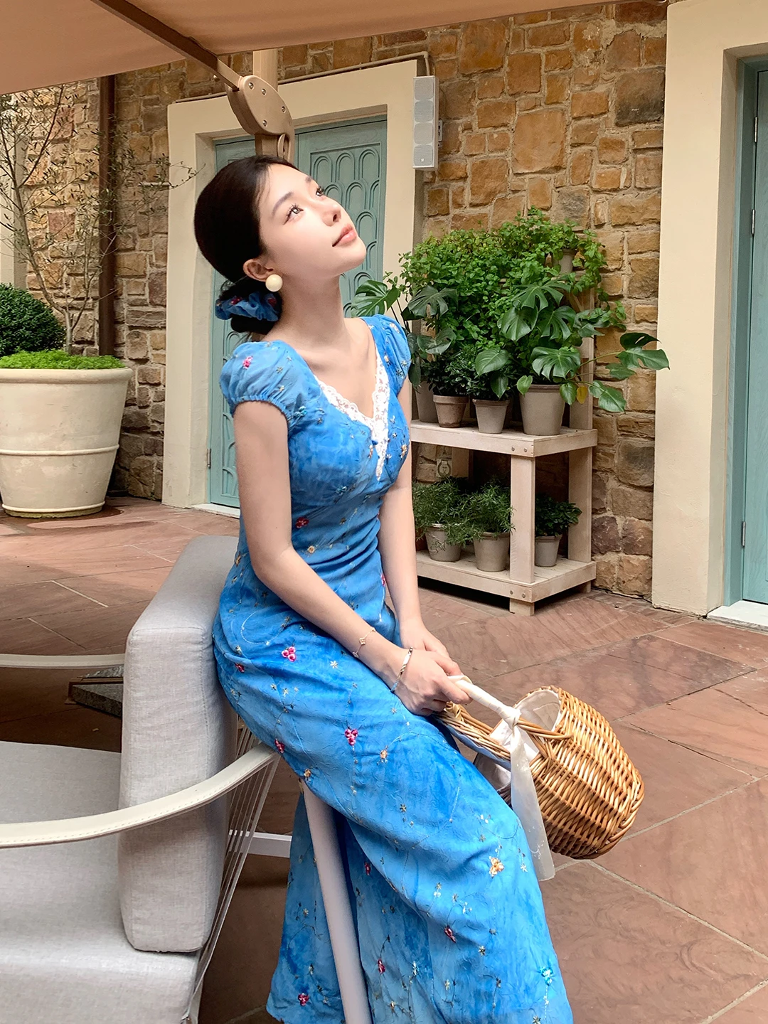 Ele Blauw Geborduurde Lange Taille-Cinching Square-Ne Dr Dames High-End Afslankende Bloemen Wrap Around Rok Dr