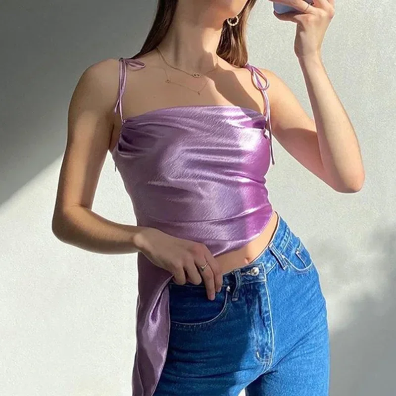 Satin Asymmetric Sheer Lace Up Bustier Top Camisole Women Summer Backless Sexy Camis Female Elegant Purple Streetwear Vest Tees