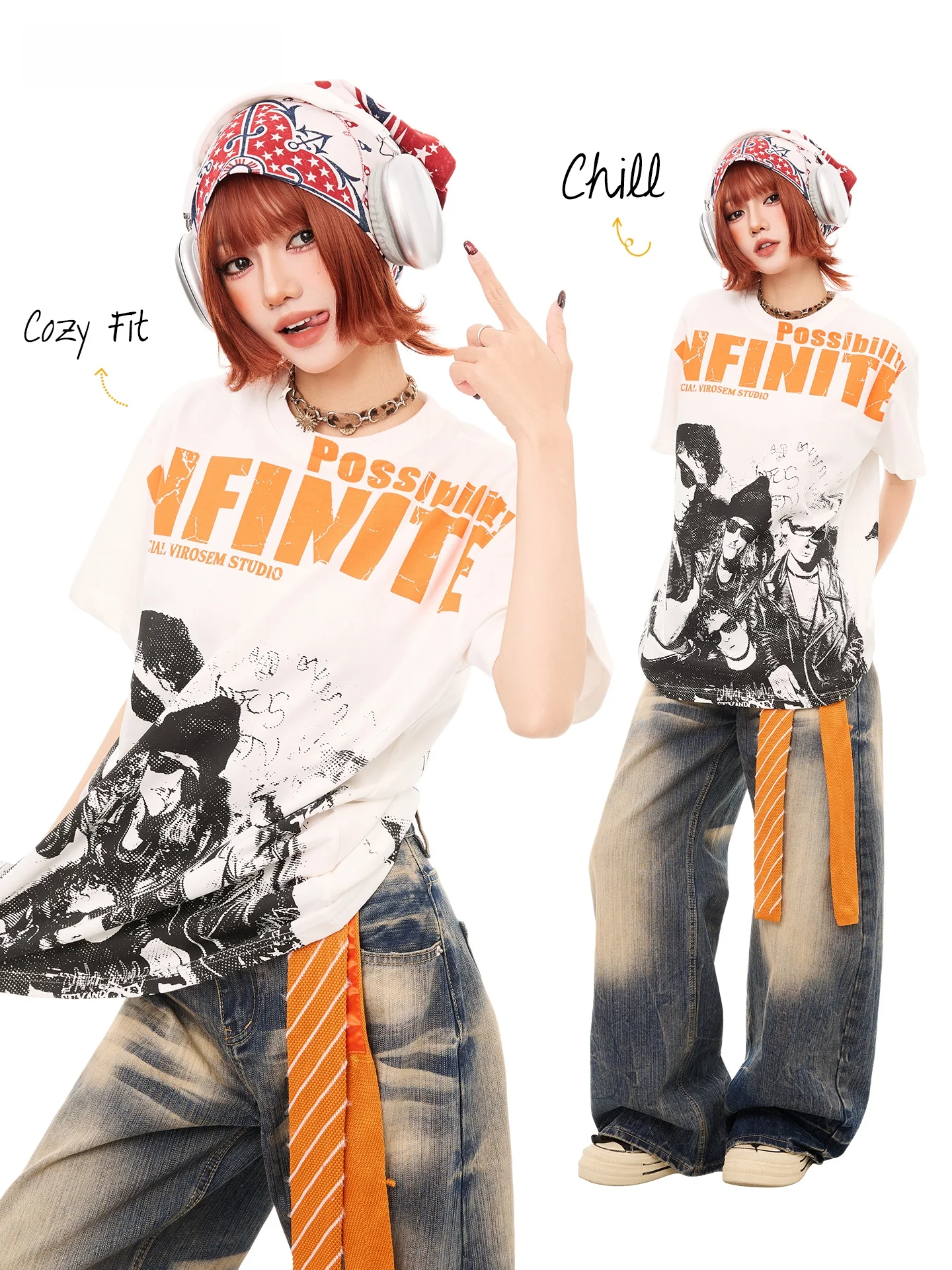 K787 American Retro Rock Disordered Style Short Sleeve T-Shirt Women Loose Portrait Orange Print Top Youth Summer Fashion