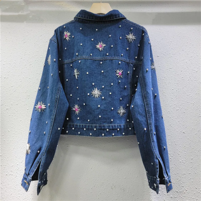 Fashion Women Jacket Spring Heavy Hand-nailed Colored Beads Diamond Design Blue Long-sleeved Denim Jacket 2025 New