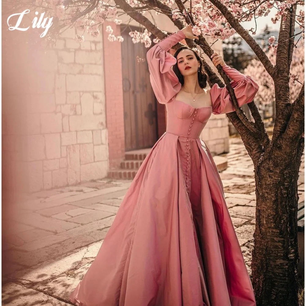 

Lily Pink Elegant Prom Dress Sweetheart Lantern Sleeve Prom Gown for Woman Satin Side Split Evening Dresses 프롬 드레스 Customized