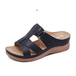 2022 Summer Women Wedge Sandals Premium Orthopedic Open Toe Sandals Vintage Anti-Slip Pu Leather Casual Female Platform Shoes