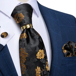 Men's Black Floarl Ties Solid Green Grey Striped Polyester 8cm Necktie with Dragon Ring Handkerchief Cufflinks Wedding Cravat