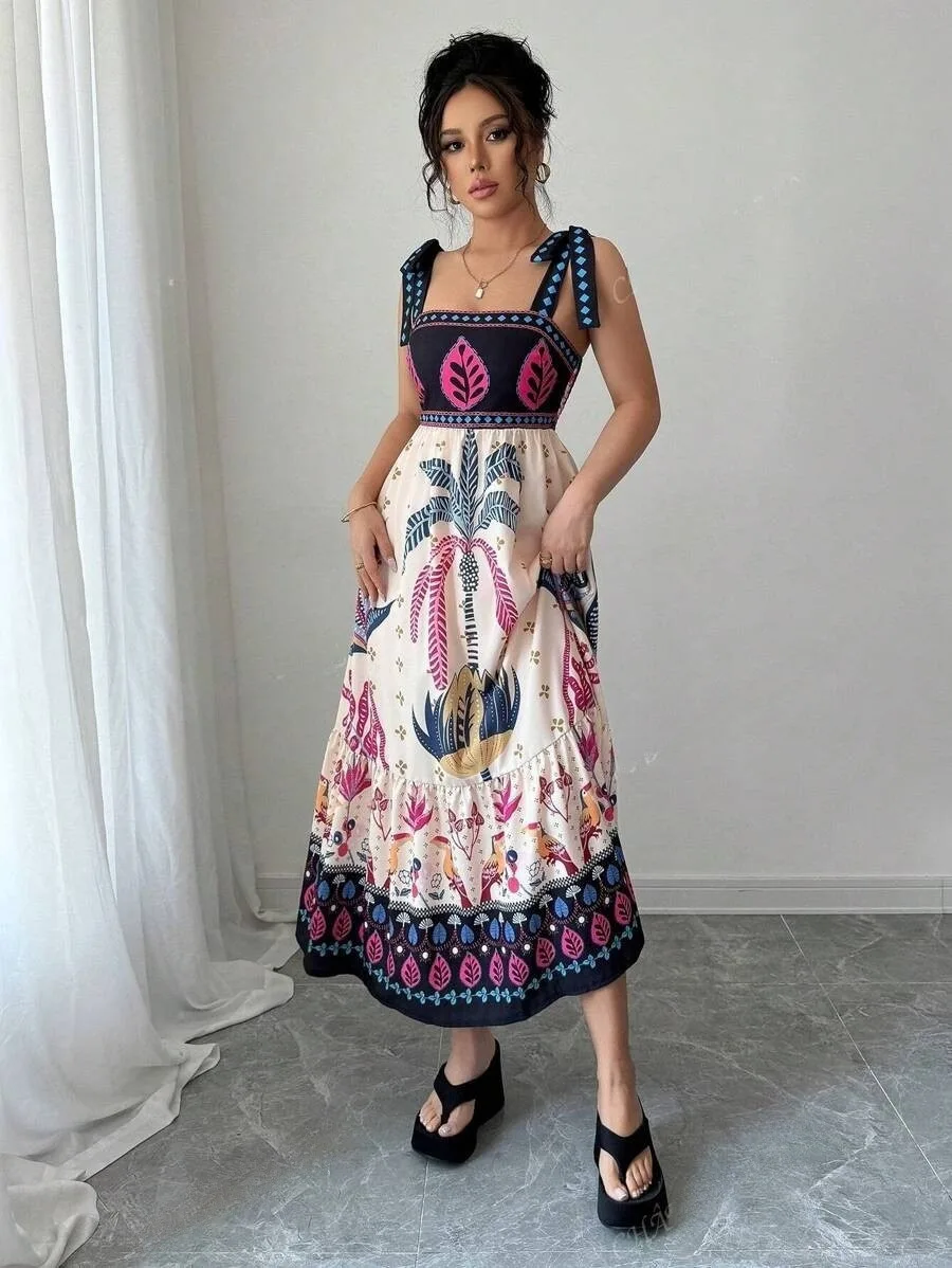 Sukienka na szelkach w stylu boho z nadrukiem, seksowna, z odkrytymi ramionami, elastyczna, z wysokim stanem, z szerokim dołem, długa, codzienna, wakacyjna odzież damska.