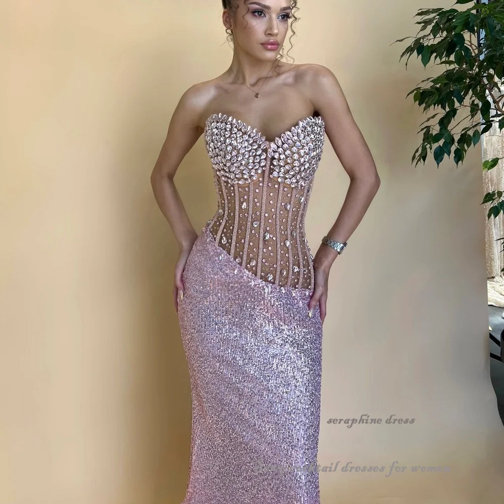 Luxuriöse Abendkleider für Frauen, Spitze, Pailletten, Meerjungfrau, Abendkleid, Korsett im Inneren, trägerloses Mieder, formelle Cocktailparty-Kleider