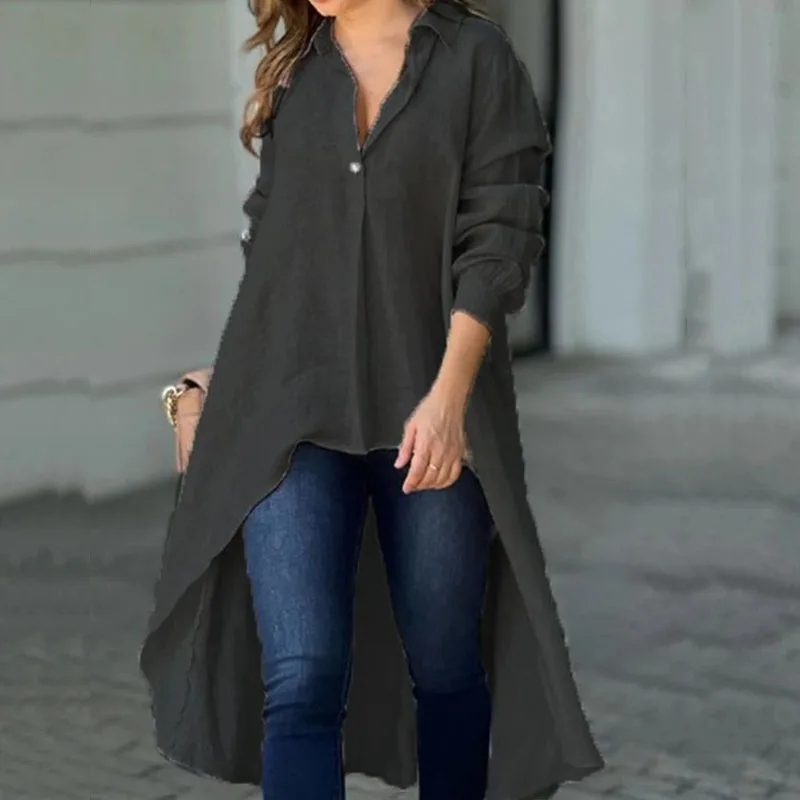 Blusa informal de manga larga para mujer, Camisa larga con cuello vuelto, holgada, a la moda, de un solo pecho