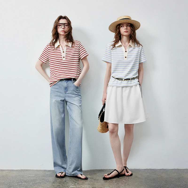 TOYOUTH Women's T-Shirt 2026 Summer New Hollow Stripe Color Block Polo Collar Nautical Top, Loose Fit Vintage Tee image 5
