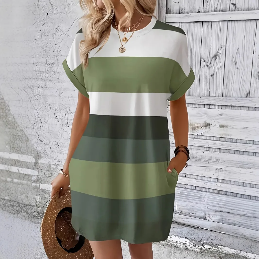 Women Slim Summer Strip Bow Loose Vintage Pocket Elegant Befree Dress Boho Plus Size Casual Party Party Midi Short Sleeve Dresse