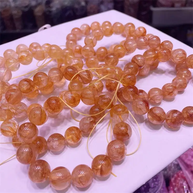 

13MM Natural Yellow Fire Quartz Hematoid Bracelets Women Men Charm Luxury Energy Elastic Wrist Yoga Jewelry