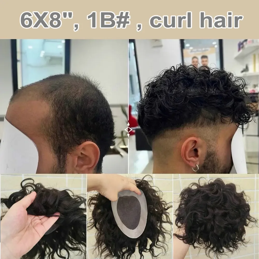 Hstonir Wave Men Hair Pieces Black 6x8 Toupee Human Indian Remy Hair System For Male H008