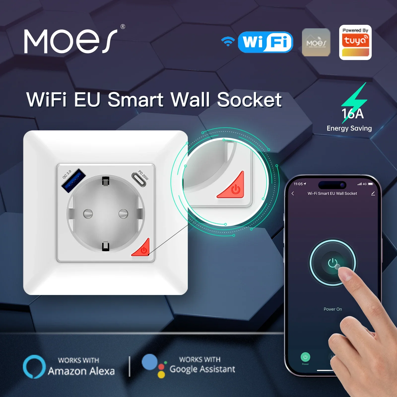 MOES WiFi Tuya Smart Socket EU Power Plug Outlet Fast Charge USB Type-C APP Remote Control Voice Control Alexa Google Home