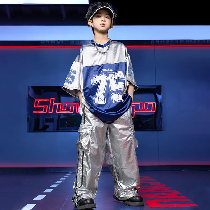 女の子と男の子のためのシルバートップのカーゴパンツ、子供のためのジャズダンスの衣装、ヒップホップの服、Kpopの衣装、子供のストリートウェア、dwy10217