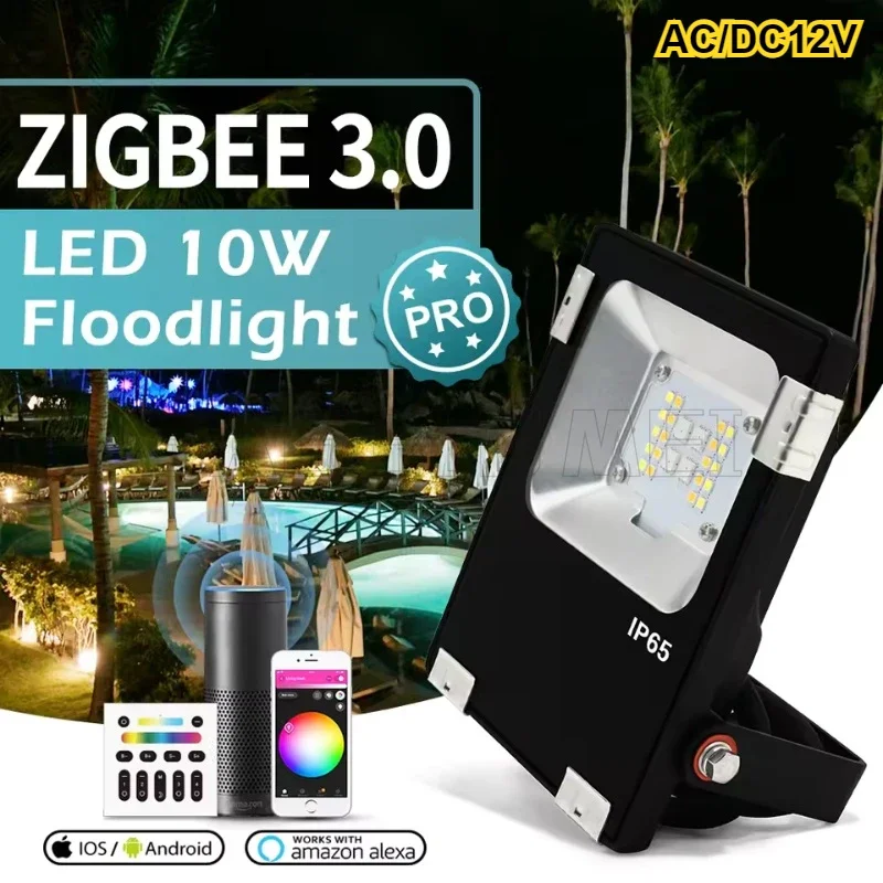 Gledopto Zigbee 3.0 Smart 12V Outdoor FLoodlight Lamp 10W Pro Compatible with Tuya App Alexa Echo Plus Voice RF Remote Control