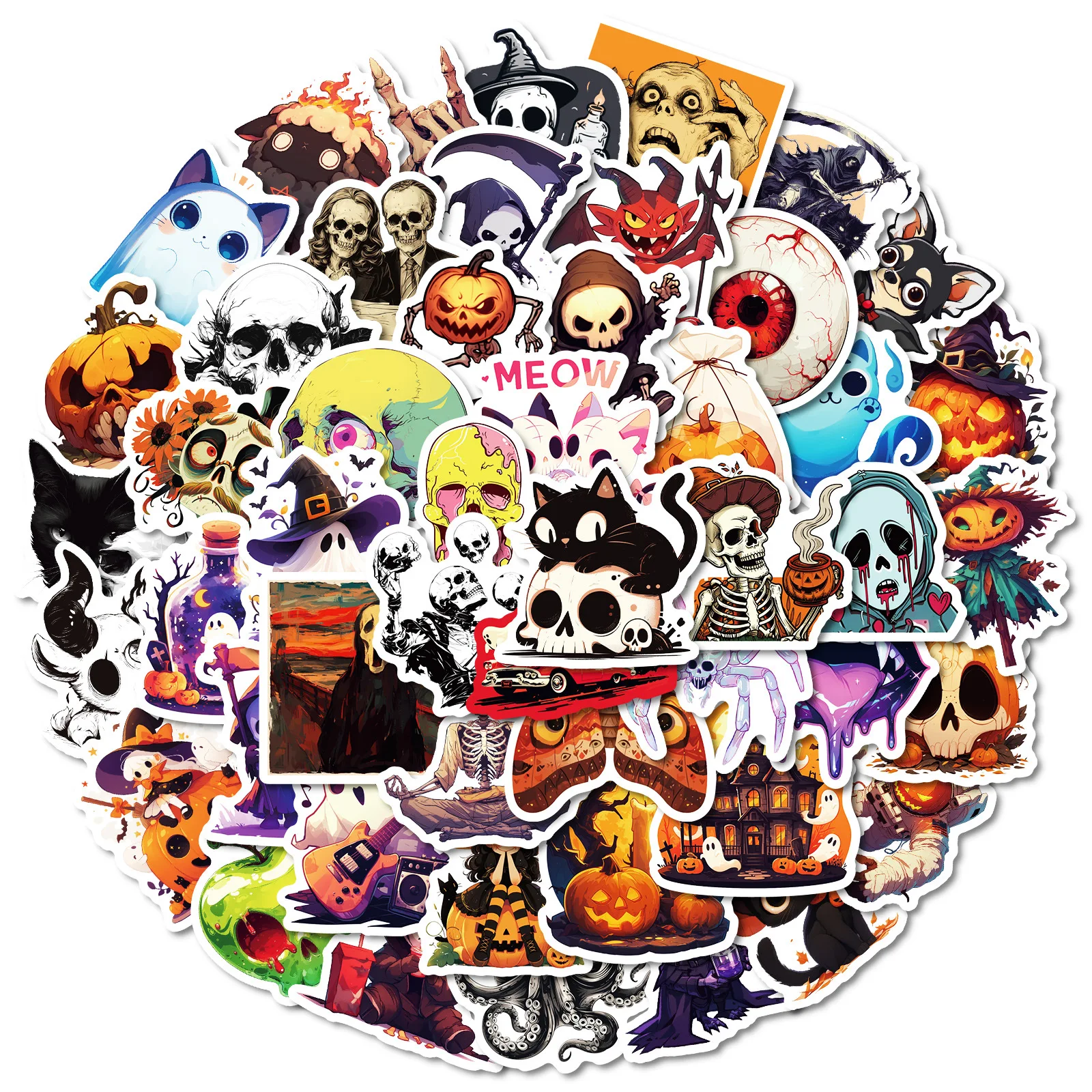 50Pcs Halloween‑Themed Cartoon Aesthetic Stickers with Eyeball & Spider Patterns for Luggage, Guitars & Notebooks