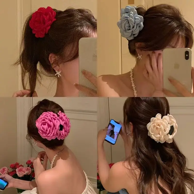 1 Pack Women\'s New Fabric Rose Hair Clip French Retro Sweet Large Flower Shark Hair Clip Plastic Hair Clip Hair Accessories