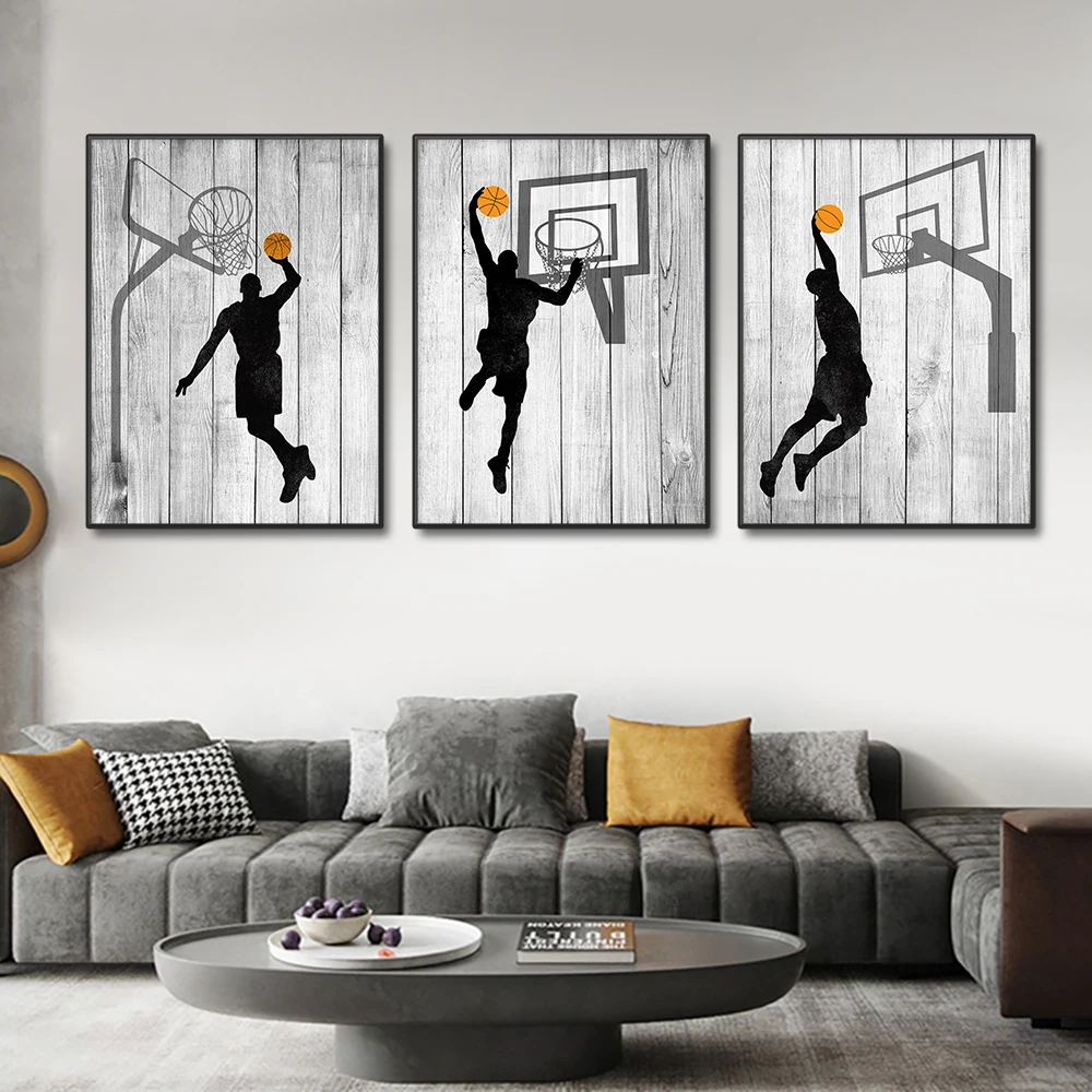 3 Panel Abstract Basketball Player Dunk Wall Art Canvas Painting Sports Poster Print Pictures for Living room Kids Bedroom Decor