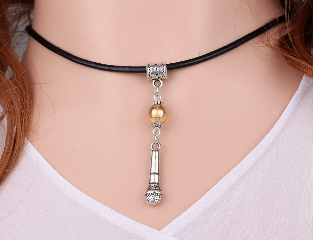 Microphone&Glass Bead Charms Vintage Silver Choker Collar Leather Necklace Pendant DIY Jewelry  Women Clothing Brand HOT A95