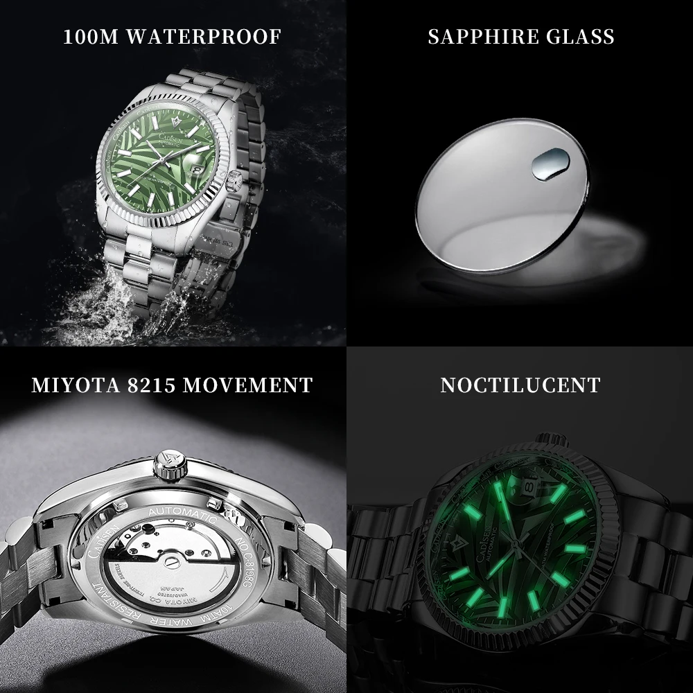 CADISEN 40MM Palm Leaf Dial Mechanical Wristwatch Luxury Automatic Watch Men Sapphire Mirror MIYOTA 8215 Clock Olive Green Watch