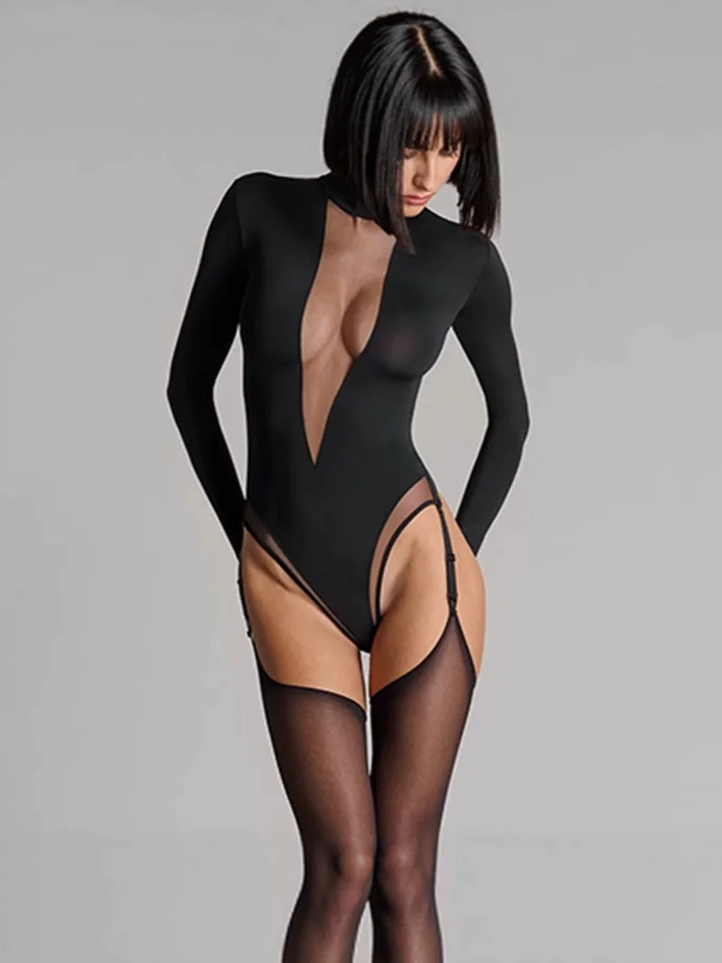 

European and American sexy spicy girl lace solid color long sleeved bodysuit spring and autumn women's sexy slim fit tops