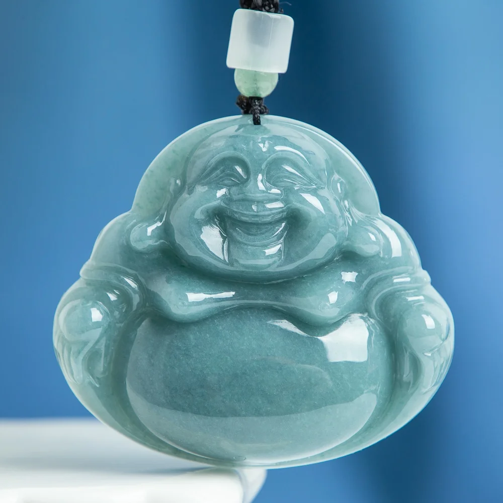 

TIMESWIND Blue Natural A-type Jade Big Belly Laughing Buddha Large Pendant Men Necklace with Certificate