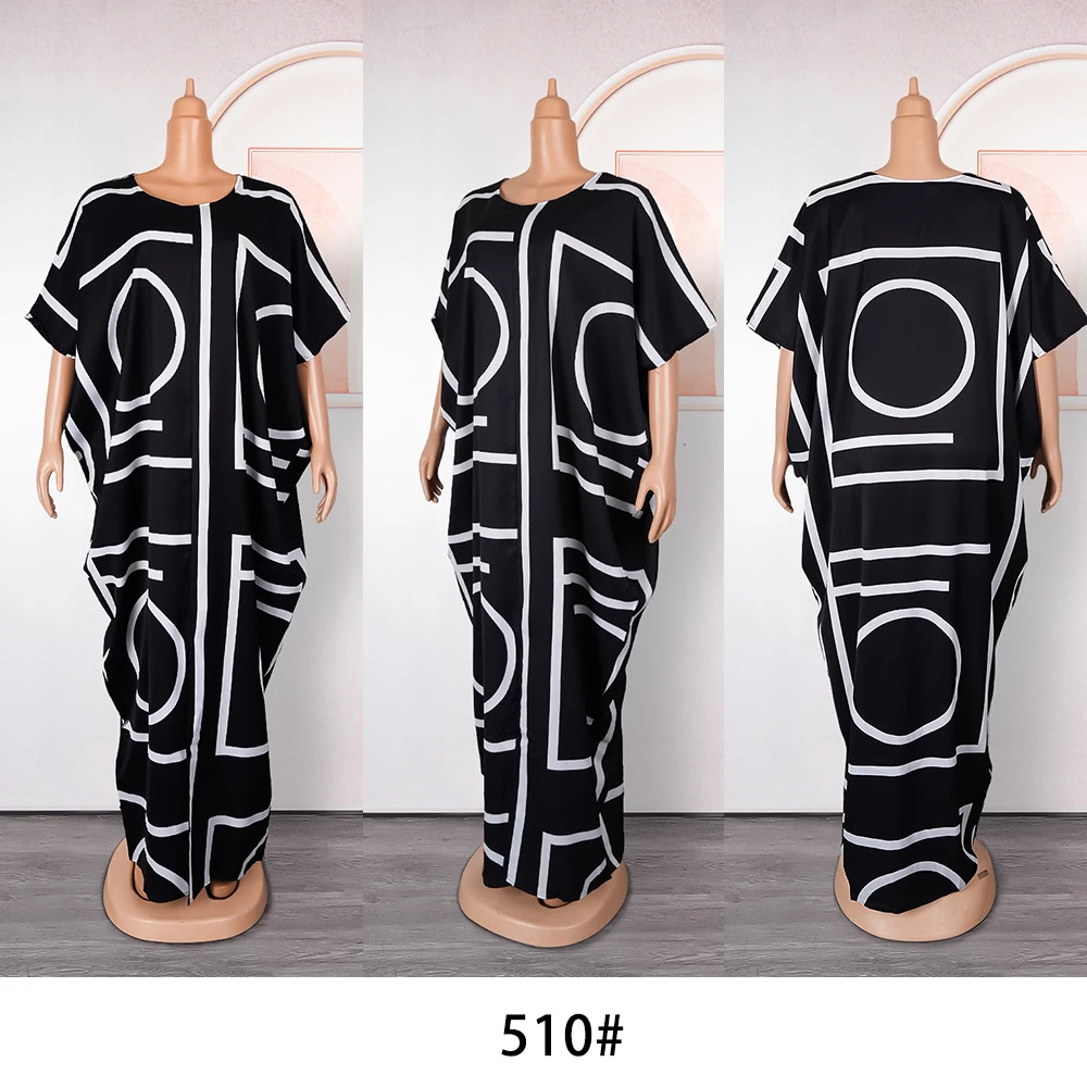 African Patchwork Color Contrast Letter Dress Muslim New Women's Fat Loose Large Size Long Robe 510#
