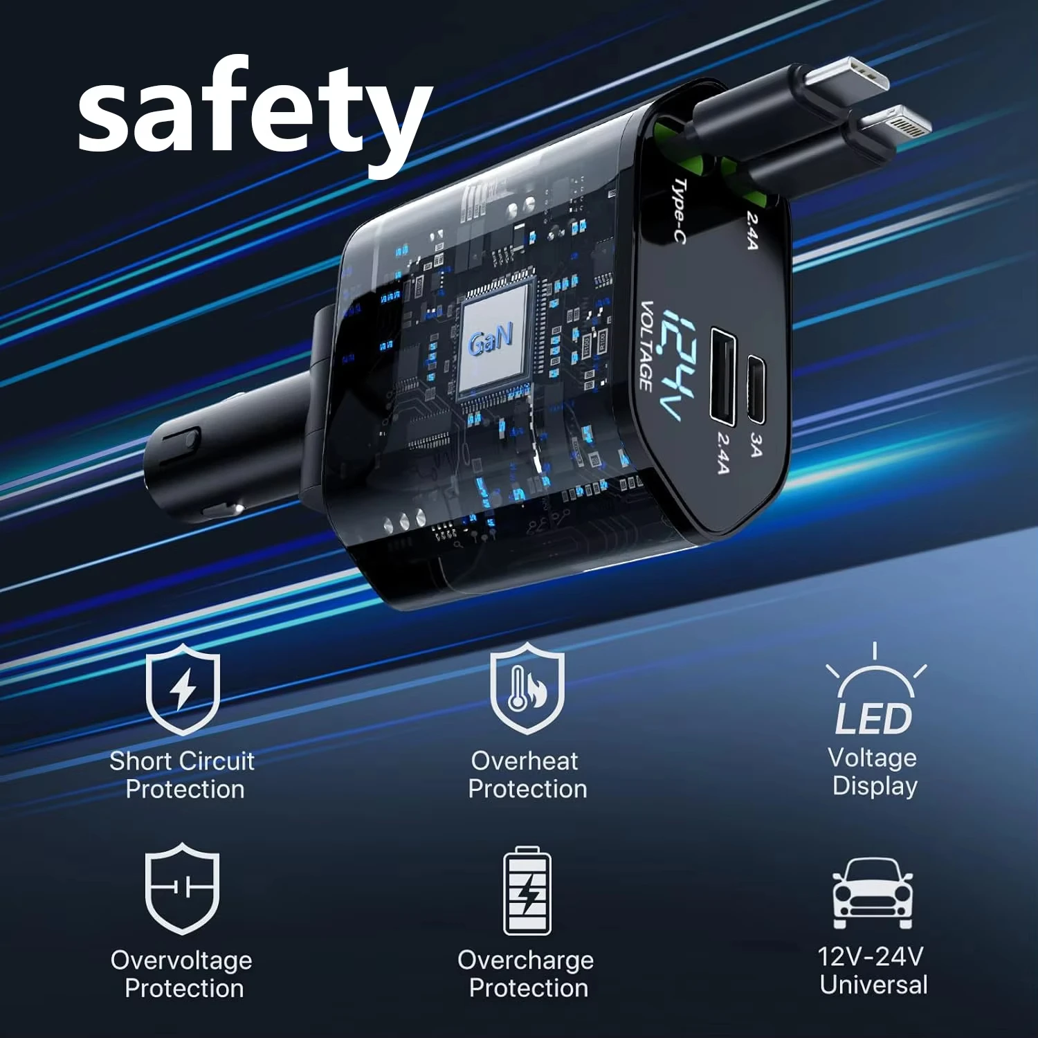 شاحن سيارة قابل للسحب، شاحن سريع 120 وات، شاحن هاتف سيارة 4 في 1 سريع الشحن #4