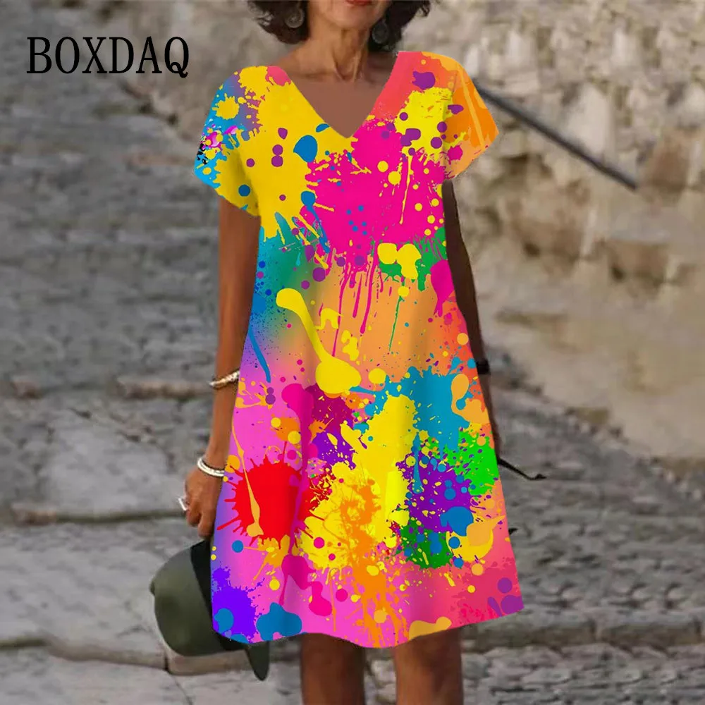 2023 Summer Casual Women Abstract Painted Print A-Line Dress Sweet Casual Tie Dye Rainbow Splash-Ink Dress V-Neck Loose Clothing