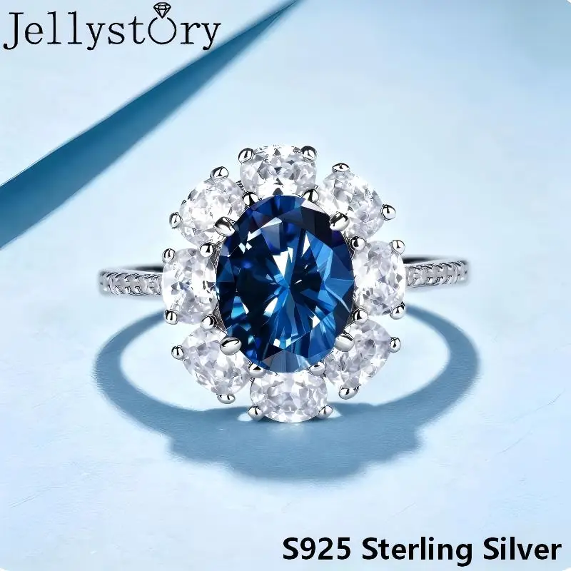 JellyStory 2 Carat Daisy Ring, S925 Sterling Silver Oval Egg Shape Moissanite Hot Sale Unique Design Women‘s Ring