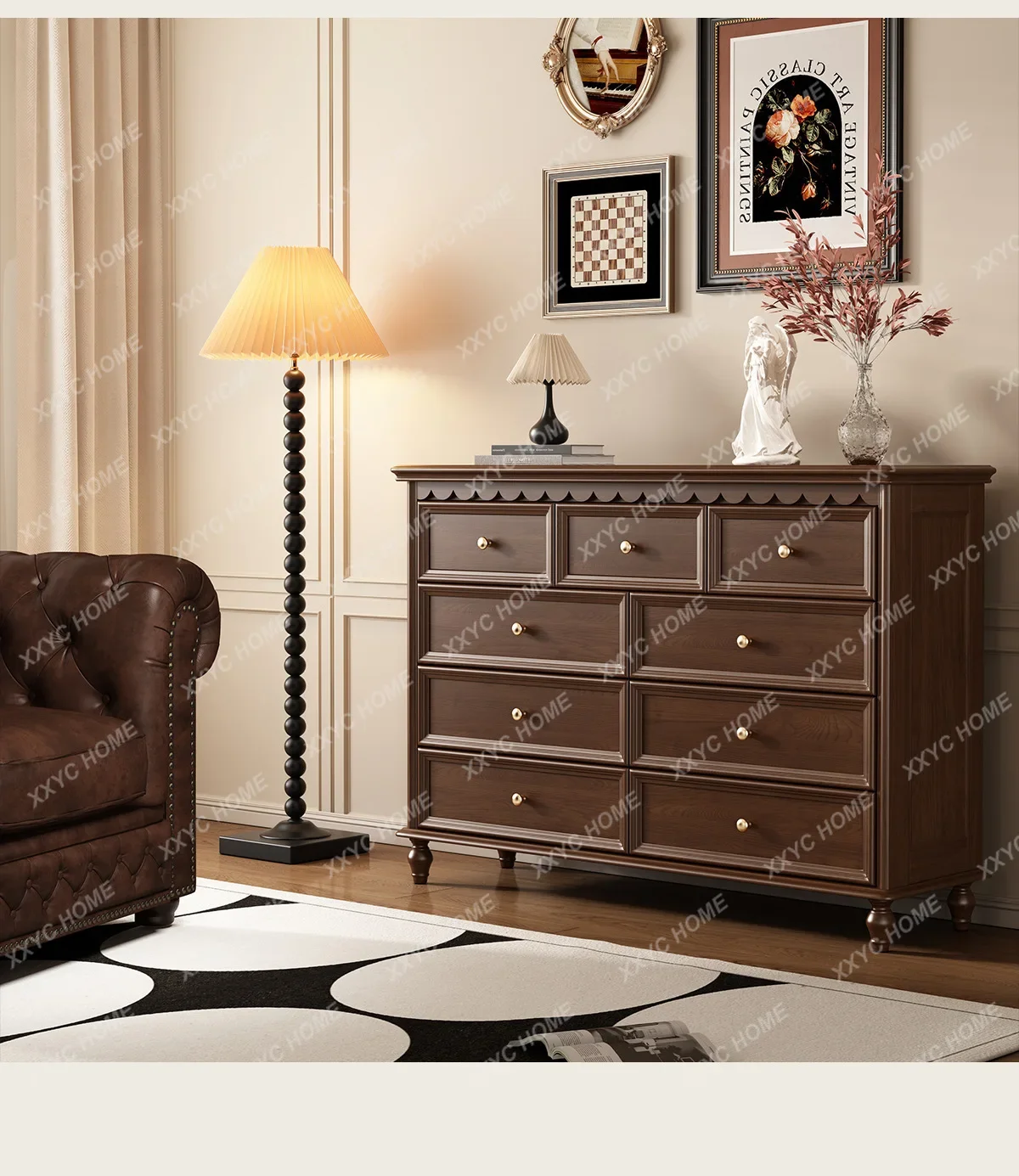 

H Solid Wood Chest of Drawers Bedside Wall-Mounted Retro Nine-Drawer Storage Cabinet